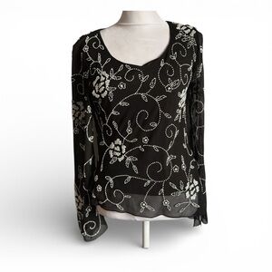 JKARA New York Women’s black white blouse size S floral beaded